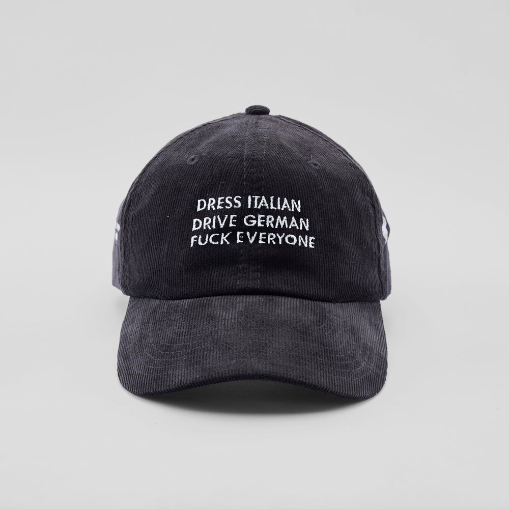 Cappellino in velluto a coste "Dress Italian, drive German, f*ck everyone"