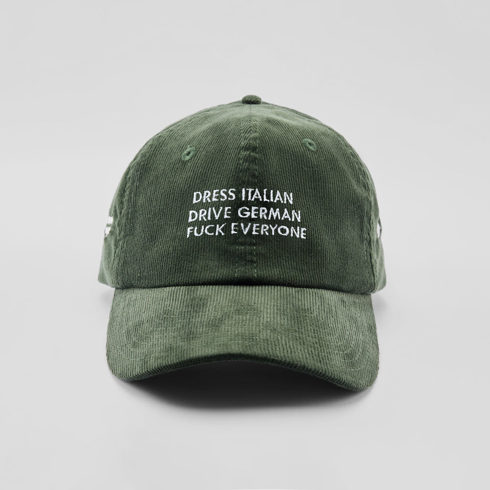 Cappellino in velluto a coste "Dress Italian, drive German, f*ck everyone"