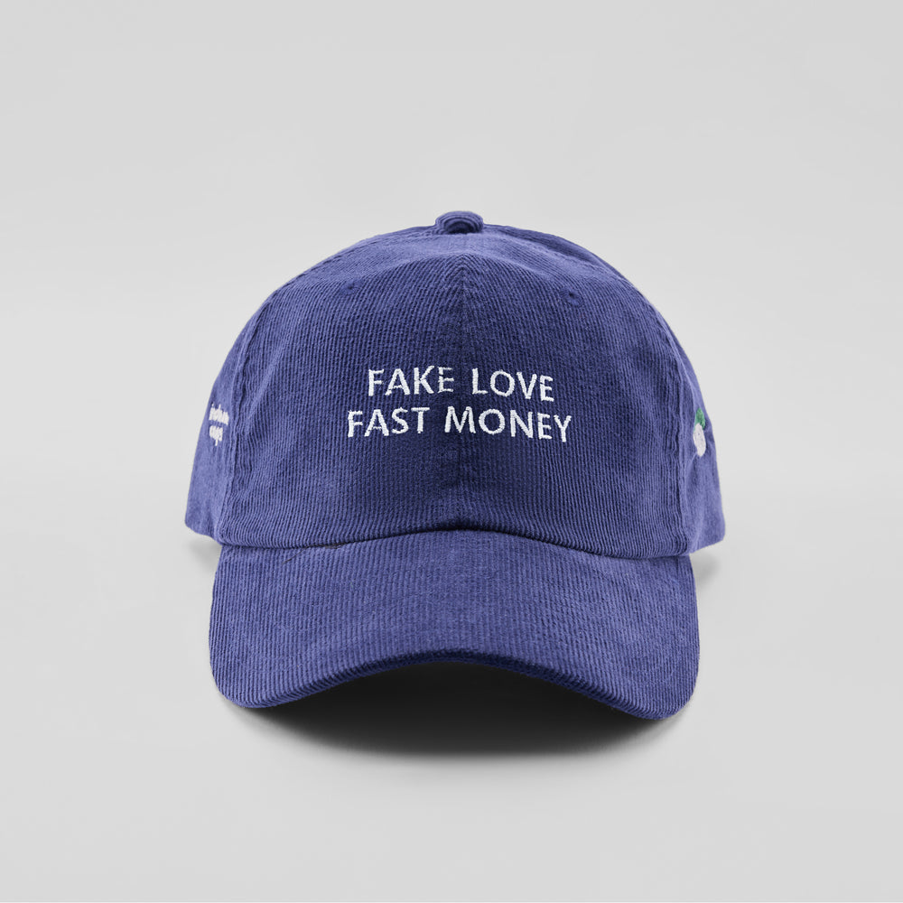 Cappellino in velluto a coste "Fake love, fast Money"