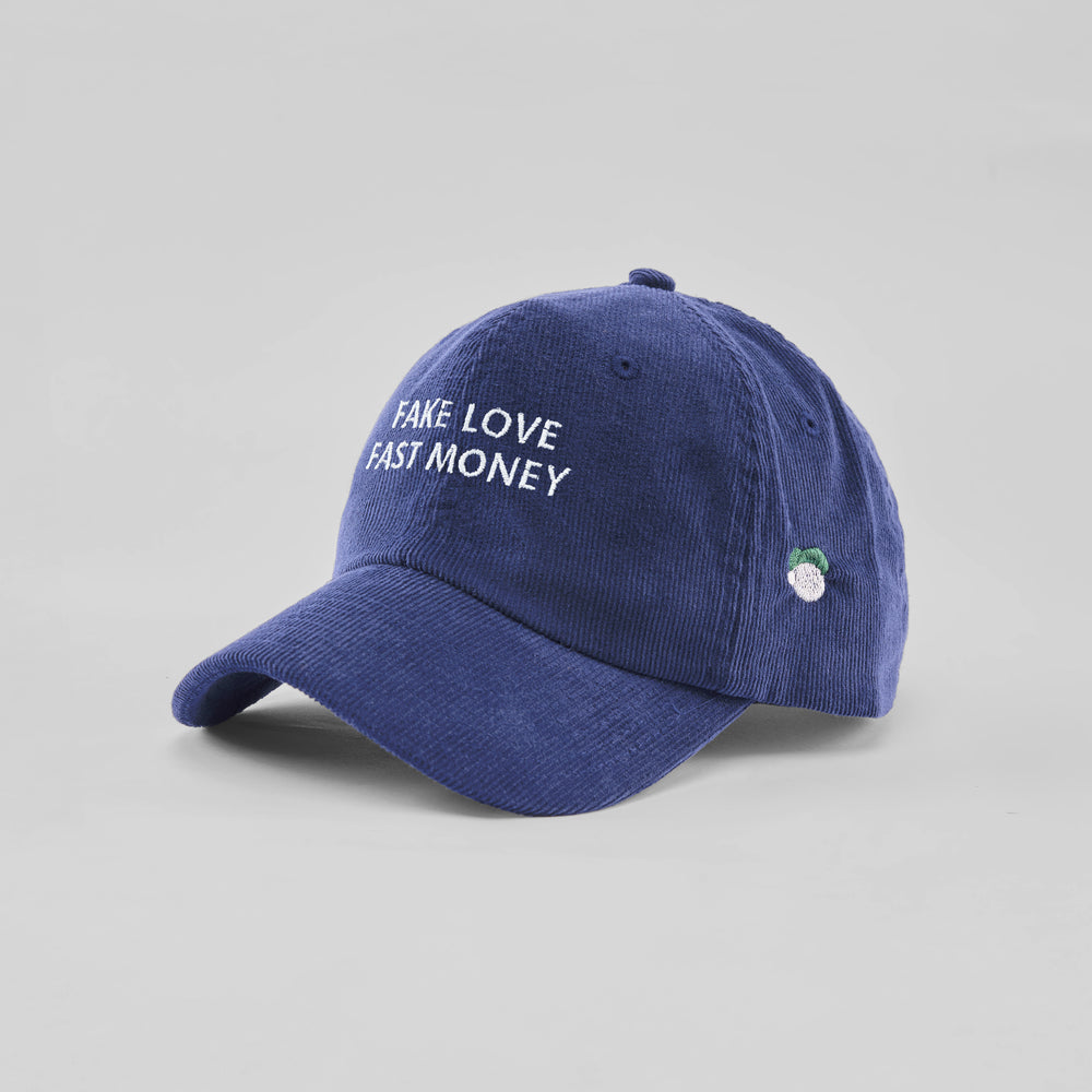 Cappellino in velluto a coste "Fake love, fast Money"