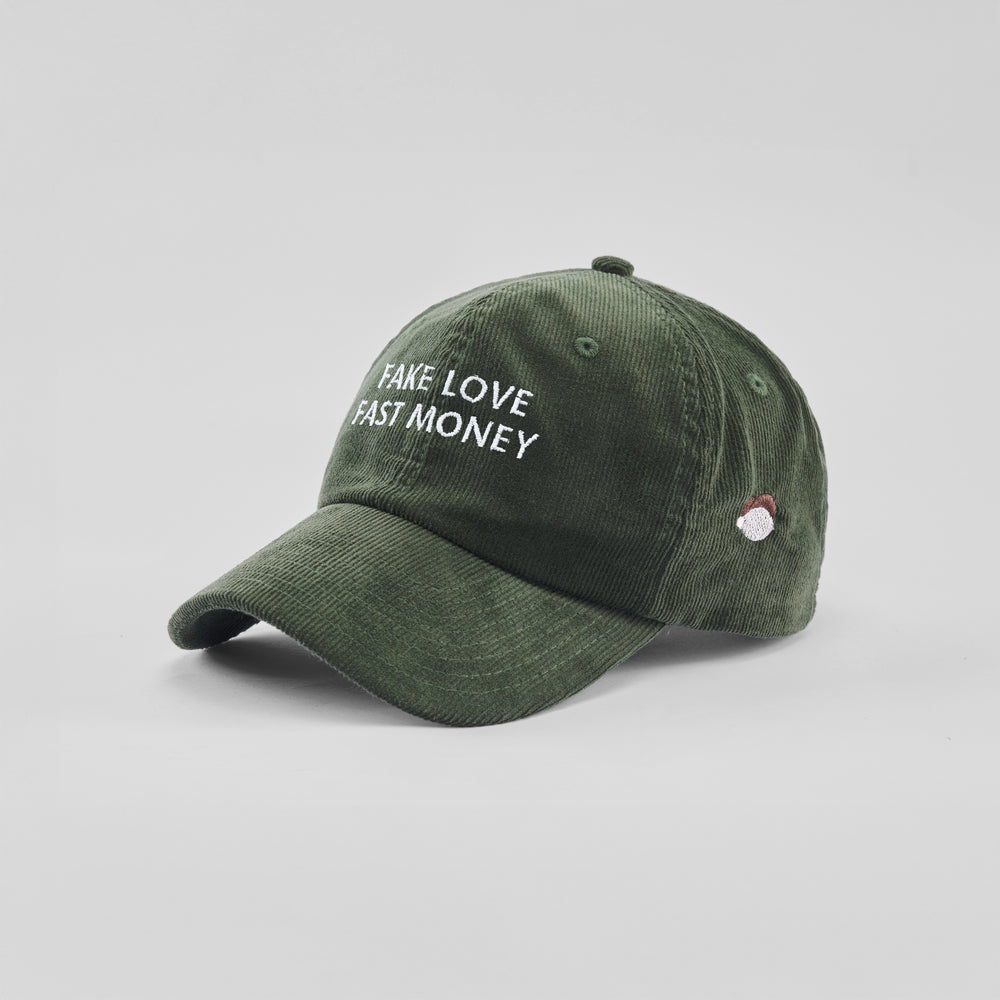 Cappellino in velluto a coste "Fake love, fast Money"